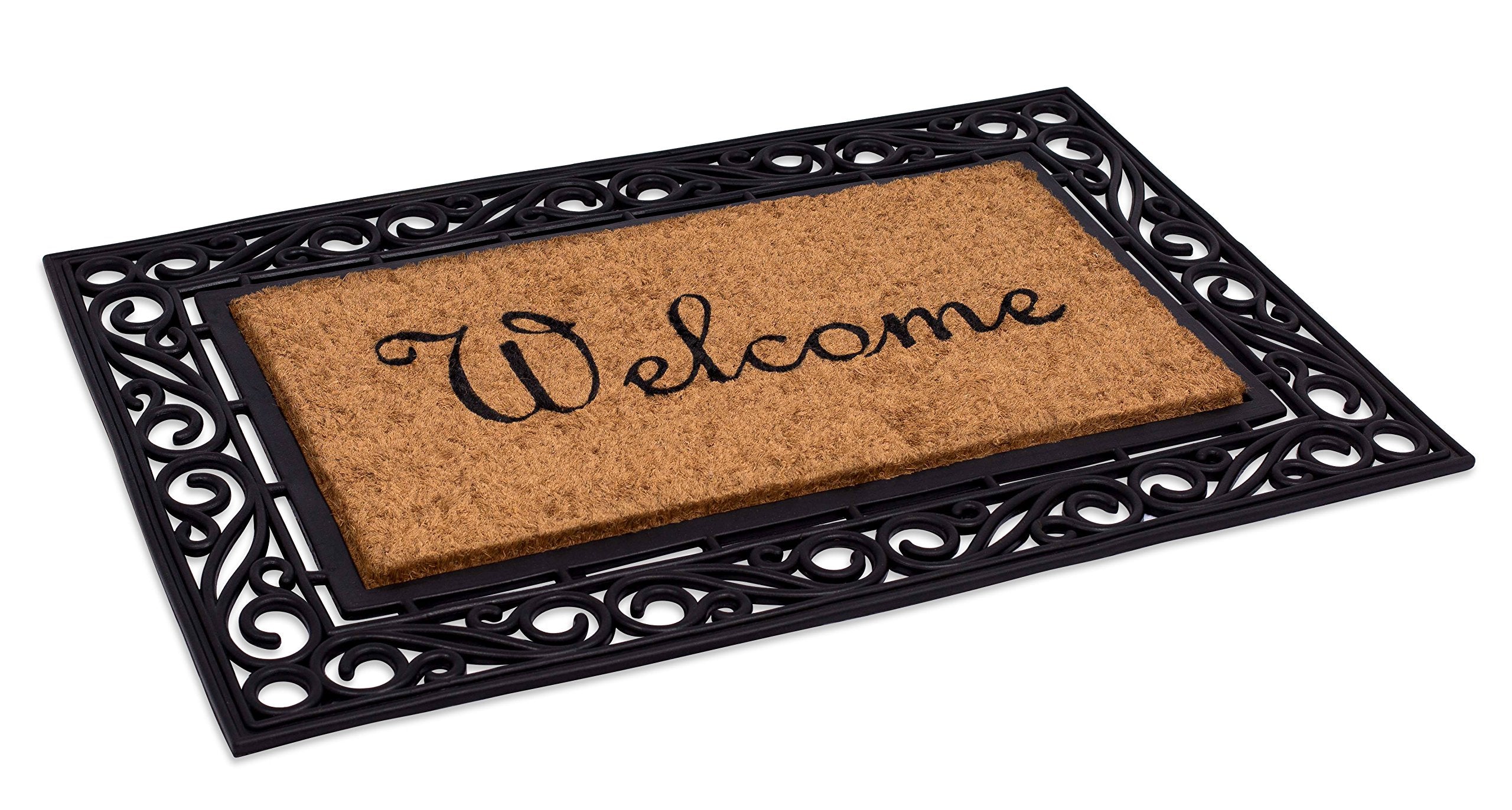 Birdrock Home - Classic Welcome Brush Coir Doormat - Vinyl Backed, Waterproof, Dirt Trapper, Heavy Duty - Indoor/Outdoor Entry, Porch, Garage, Scroll Border, Mud Catching, House Mats - Elegant Design